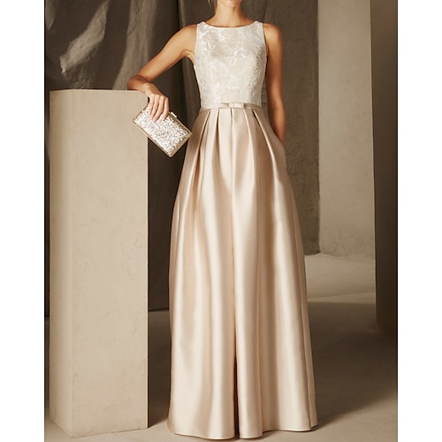 

A-Line Empire Elegant Wedding Guest Formal Evening Dress Jewel Neck Sleeveless Floor Length Satin with Sash / Ribbon Pleats Appliques 2022
