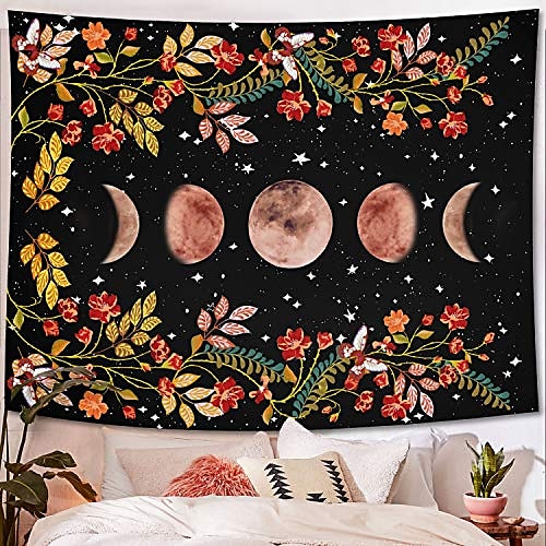 

moonlit garden tapestry, moon phase surrounded by vines and flowers black wall decor tapestry 70×90 inches