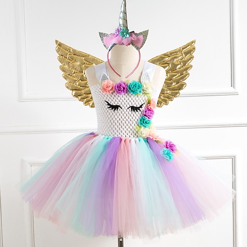

Unicorn Dress Wings Costume Girls' Movie Cosplay Tutus Braided / Cord Vacation Dress Golden Silver Rainbow Dress Wings Headwear Christmas Halloween Carnival Polyester Polyester / Cotton