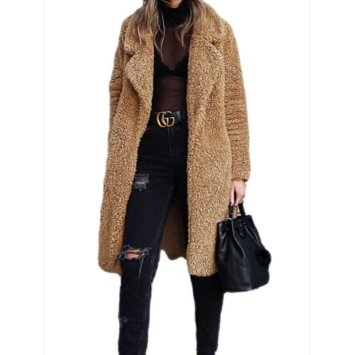 

Women's Teddy Coat Sherpa jacket Fleece Jacket Daily Fall Winter Long Coat Shirt Collar Loose Fit Elegant & Luxurious Jacket Long Sleeve Solid Colored Fur Black Army Green Camel