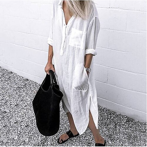 

Women's Swing Dress Midi Dress White Blue Gray Yellow Red Light Blue Long Sleeve Solid Color Split Pocket Summer Shirt Collar Casual Loose 2022 S M L XL XXL 3XL 4XL 5XL