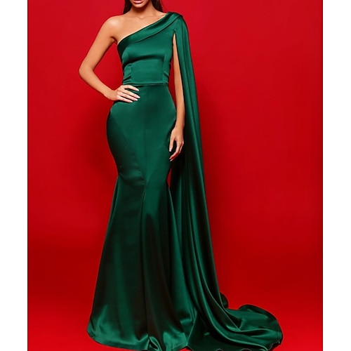 

Sheath / Column Evening Dresses Beautiful Back Dress Party Wear Court Train Sleeveless One Shoulder Stretch Satin with Pleats 2022 / Formal Evening