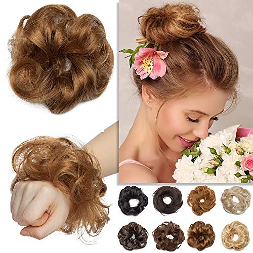 

real human hair scrunchie hair piece curly wavy rose bun elegant chignons messy updo for women kids donut ponytails hairpiece light brown