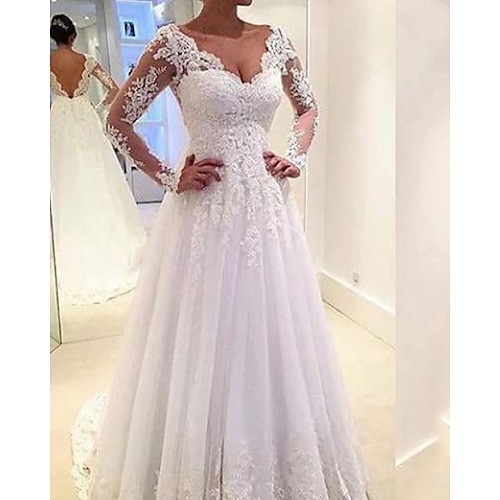 

Ball Gown Wedding Dresses V Neck Sweep / Brush Train Lace Tulle Long Sleeve Formal with Appliques 2022