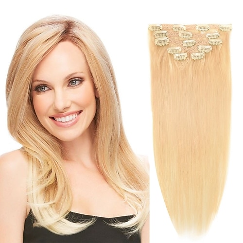 

Clip In Hair Extensions Remy Human Hair Clip On Hair Extensions 7pcs 100 g Pack Straight Blonde 14-24 inch Hair Extensions