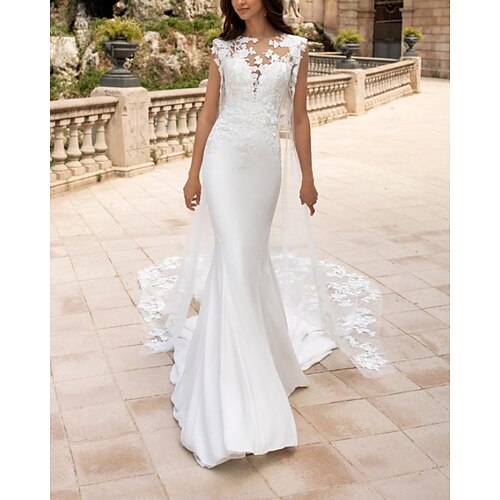 

Mermaid / Trumpet Wedding Dresses Jewel Neck Court Train Chiffon Lace Tulle Sleeveless Vintage with Appliques 2022