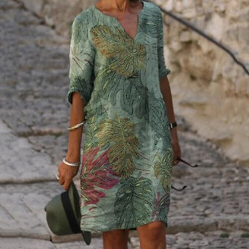 

Women's Shift Dress Midi Dress Green Half Sleeve Leaf Print Fall Spring Autumn V Neck Hot Loose Fit M L XL XXL 3XL