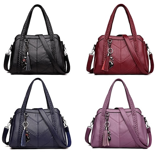 

Women's Leather Bags Handbags PU Leather Cowhide Tassel Shopping Date Wine Black Purple Dark Blue