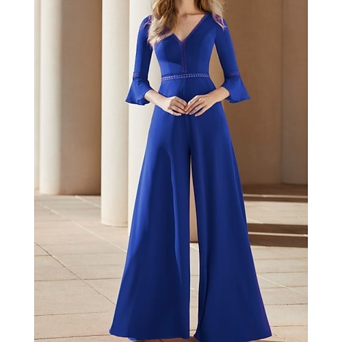 

Jumpsuits Mother of the Bride Dress Elegant V Neck Floor Length Chiffon 3/4 Length Sleeve with Pleats 2022