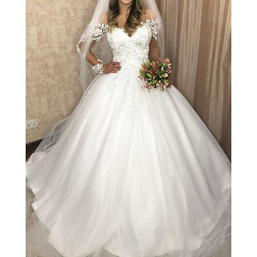 

Ball Gown Wedding Dresses V Neck Sweep / Brush Train Lace Tulle Sleeveless Formal with Appliques 2022