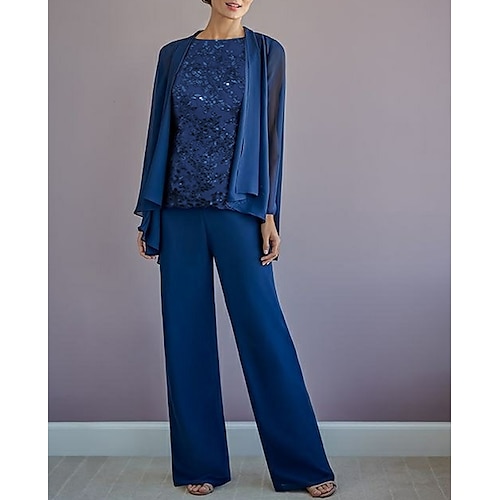 

Pantsuit 3 Piece Suit Mother of the Bride Dress Plus Size Elegant Jewel Neck Floor Length Chiffon Long Sleeve Wrap Included with Appliques 2022
