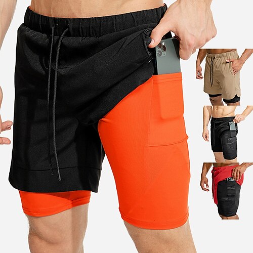 

Men's Running Shorts Sports Outdoor Shorts Bottoms 2 in 1 with Phone Pocket Summer Fitness Gym Workout Running Jogging Trail Breathable Quick Dry Soft Sport Color Block Black / Orange Black Khaki