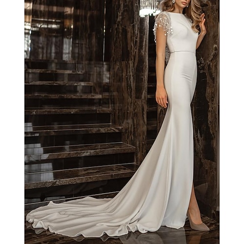 

Mermaid / Trumpet Wedding Dresses Jewel Neck Chapel Train Spandex Short Sleeve Simple with Tassel 2022