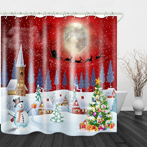 

Christmas Shower Curtain Snow White town Tree Digital Printing & Hooks Modern Polyester Trend Design