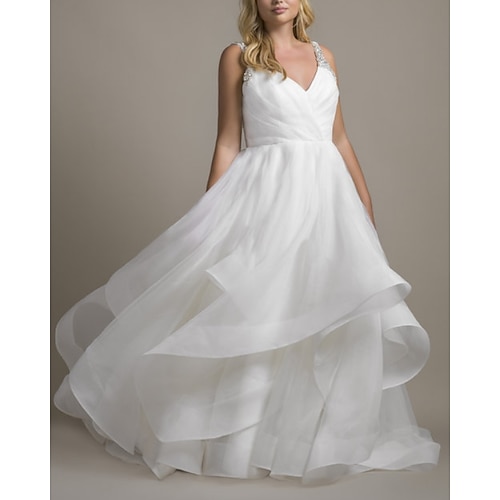 

Ball Gown Wedding Dresses V Neck Chapel Train Organza Sleeveless Romantic Plus Size with Crystals Cascading Ruffles 2022