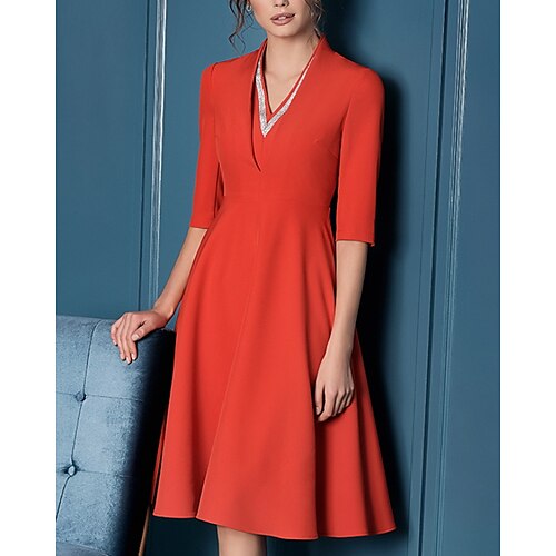 

A-Line Cocktail Dresses Minimalist Dress Wedding Guest Knee Length Half Sleeve V Neck Spandex with Sleek 2022 / Cocktail Party