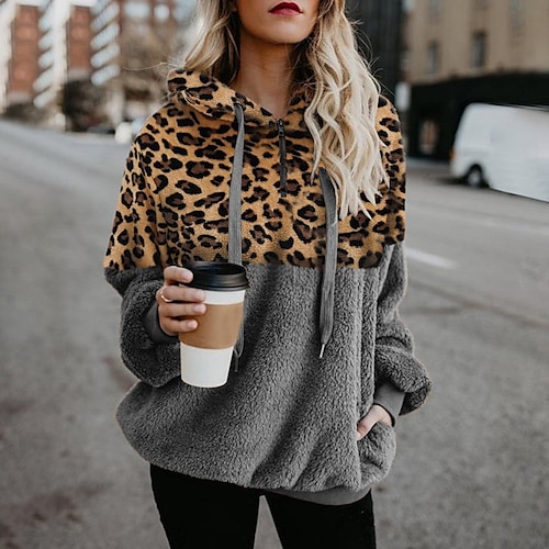 

Women's Pullover Basic Sherpa Fleece Teddy Black Army Green Khaki Leopard Long Sleeve Fleece S M L XL 2XL 3XL / Fleece lined