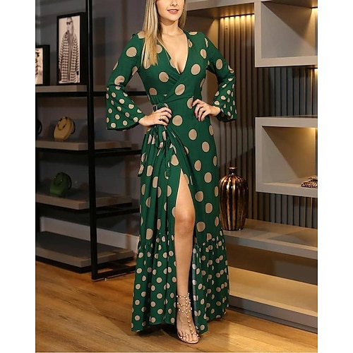 Women's Sheath Dress Emerald Green Dress Long Dress Maxi Dress Green Black Blue Long Sleeve Polka Dot Split Fall Spring V Neck Hot Winter Dress Fall Dress S M L XL XXL 3XL