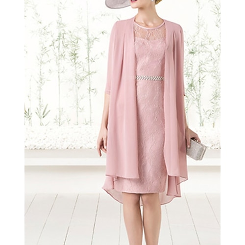 

Sheath / Column Mother of the Bride Dress Elegant Jewel Neck Knee Length Chiffon Lace Half Sleeve with Sash / Ribbon 2022