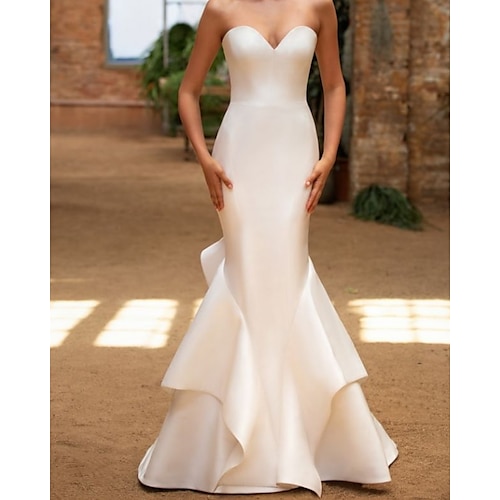 

Mermaid / Trumpet Wedding Dresses Sweetheart Neckline Sweep / Brush Train Satin Sleeveless Vintage with Cascading Ruffles 2022