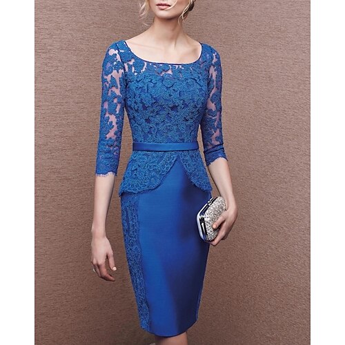 

Sheath / Column Mother of the Bride Dress Elegant Jewel Neck Knee Length Satin Lace Half Sleeve with Appliques 2022