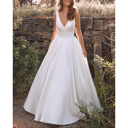 

A-Line Wedding Dresses V Neck Floor Length Satin Sleeveless Simple with Ruched 2022