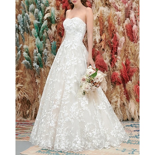 

A-Line Wedding Dresses Sweetheart Neckline Floor Length Lace Tulle Sleeveless Romantic with Appliques 2022