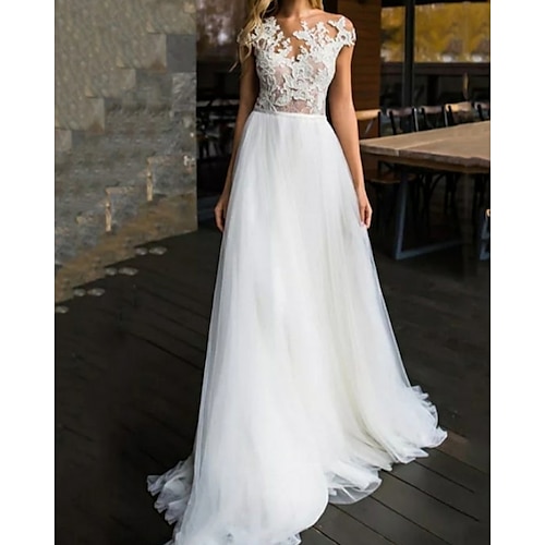 

A-Line Wedding Dresses Jewel Neck Sweep / Brush Train Lace Tulle Sleeveless Beach with Appliques 2022