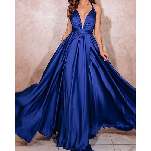 

A-Line Minimalist Sexy Wedding Guest Formal Evening Dress V Neck Sleeveless Sweep / Brush Train Stretch Satin with Pleats 2022