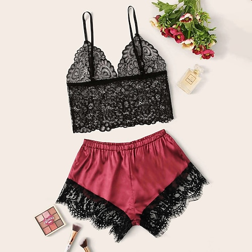 Women's Pajamas Sets Nighty 1 set Patchwork Embroidered Satin Casual  Comfort Home Christmas Party Spandex Gift Deep V Strap Top Shorts Mesh Lace  Spring Summer Green Black 2024 - $15.99