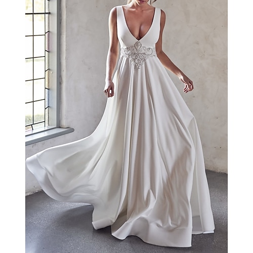 

A-Line Wedding Dresses V Neck Sweep / Brush Train Satin Sleeveless Country with Crystal Brooch 2022