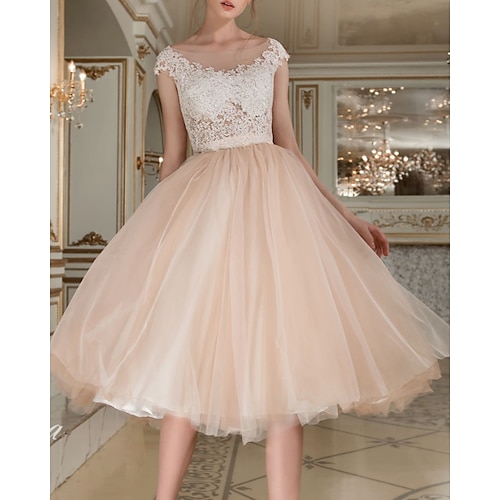 

Ball Gown Wedding Dresses Jewel Neck Knee Length Lace Tulle Sleeveless Vintage 1950s with 2022