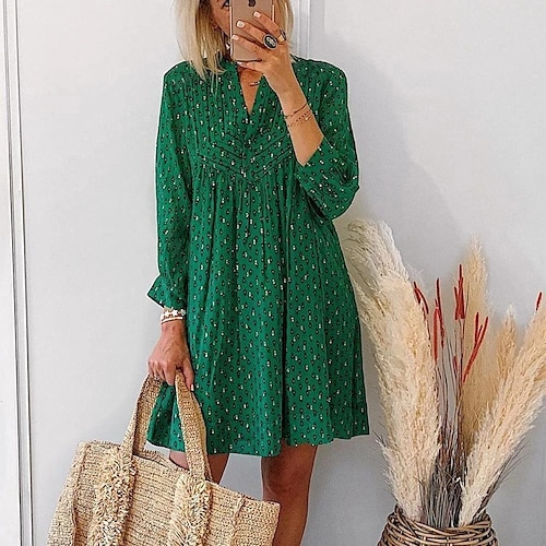 

Women's Shift Dress Emerald Green Dress Knee Length Dress Green Long Sleeve Print Smocked Winter Fall Autumn V Neck Hot Winter Dress Fall Dress Loose Fit 2023 S M L XL XXL