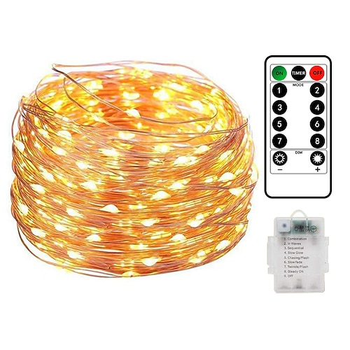 

10M 100LED Waterproof Remote Control 8 Function Copper Wire LED String Lights Outdoor String Lights AA Battery-Powered Fairy Light Christmas Wedding Birthday Family Party Room Decoration Without Batte