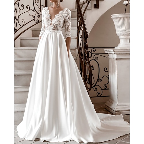 

A-Line Wedding Dresses V Neck Sweep / Brush Train Satin Lace Half Sleeve Formal Romantic Sexy Backless with Pearls Appliques 2022