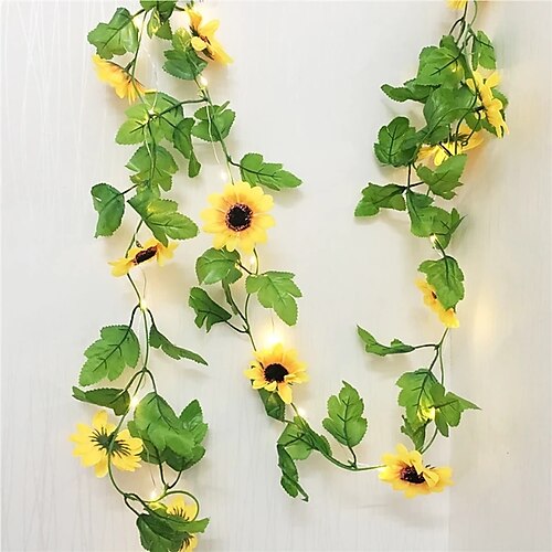 

10M 100LEDs Sunflower Ivy Vine Artificial Flowers with Leaves 33ft Hanging Garland Garden Fences Home Wedding Christmas Holidays Decoration