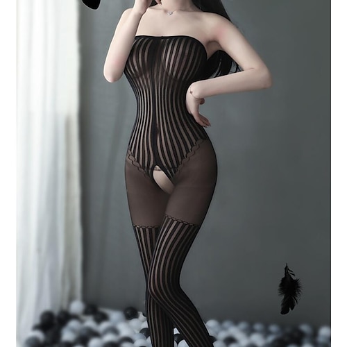 

Women's Bodysuits Bodystockings Striped Solid Colored Spandex Strapless Mesh Spring Summer Black / Sexy