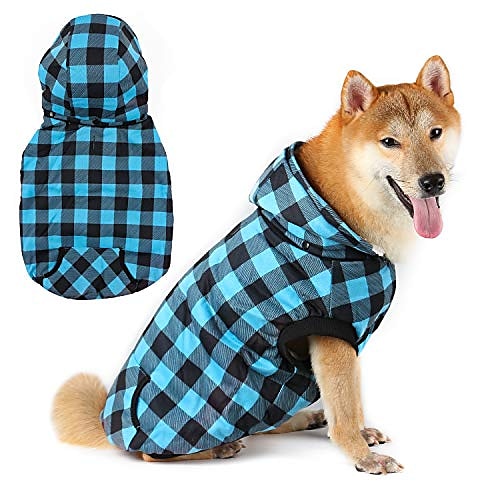 

Super Warm Dog Winter Hoodie Coat With Fur, British Plaid Puppy Pet Clothes Cold Weather Doggie Windproof Clothing For Small Medium Large Dogs (blue)