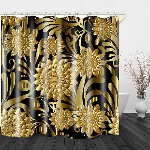 Style Japonais Golden Flower texture tissu imperméable rideau de douche & 12 Crochets