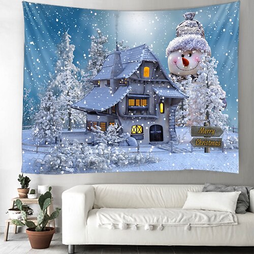 

Christmas Weihnachten Santa Claus Wall Tapestry Art Decor Blanket Curtain Photo Background Hanging Home Bedroom Living Room Dorm Decoration Window Snow Snowman Christmas Tree House Polyester