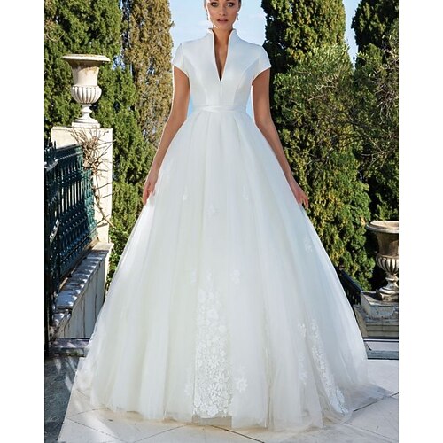 

A-Line Wedding Dresses High Neck Floor Length Lace Satin Tulle Short Sleeve Country with 2022