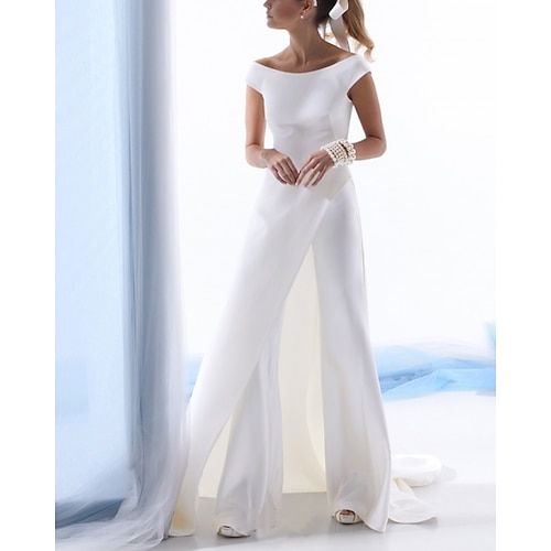 

Jumpsuits Wedding Dresses Jewel Neck Floor Length Stretch Fabric Sleeveless Simple Casual Modern with Solid Color 2022