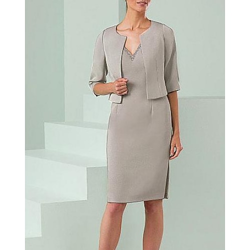 

Two Piece Sheath / Column Mother of the Bride Dress Elegant V Neck Knee Length Stretch Satin 3/4 Length Sleeve with Color Block 2022