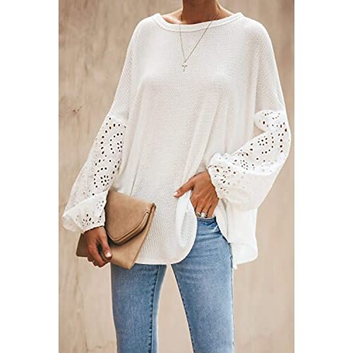 

Women's Blouse Shirt Eyelet top Peasant Blouse Gray White Plain Solid Colored Cut Out Long Sleeve Daily Weekend Basic Off Shoulder Long Loose Fit S / Summer