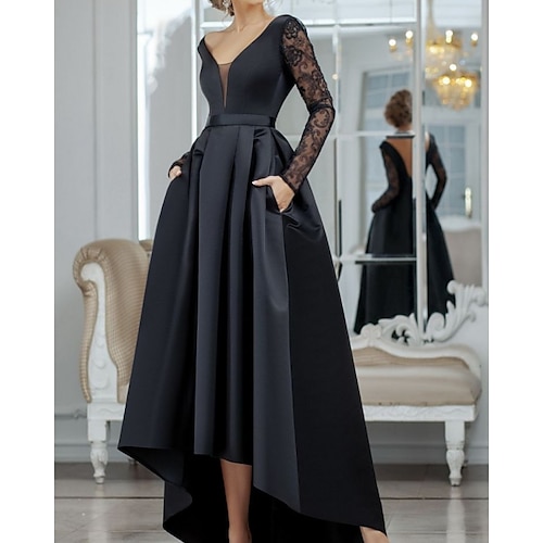 

A-Line Minimalist Sexy Wedding Guest Formal Evening Dress V Neck Long Sleeve Asymmetrical Lace with Pleats Lace Insert 2022