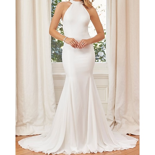 

Mermaid / Trumpet Wedding Dresses Halter Neck Court Train Satin Sleeveless Simple Backless with 2022