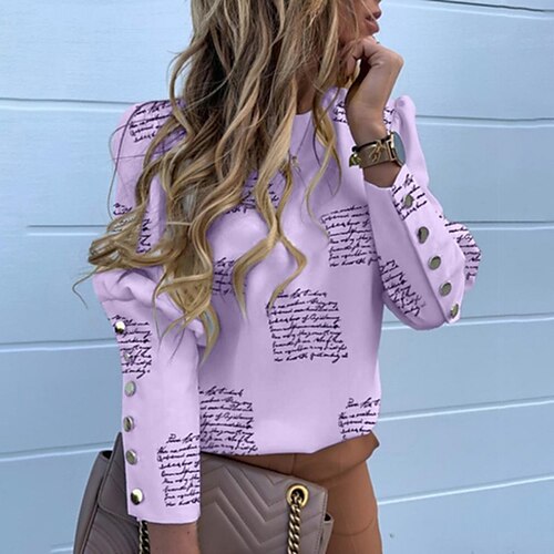 

Women's Blouse Shirt Green Purple Yellow Graphic Button Print Long Sleeve Work Round Neck S