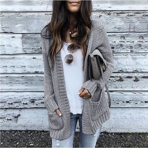 

Women's Cardigan Pocket Knitted Solid Color Stylish Basic Casual Long Sleeve Regular Fit Sweater Cardigans Open Front Fall Winter Pink Black Gray / Going out