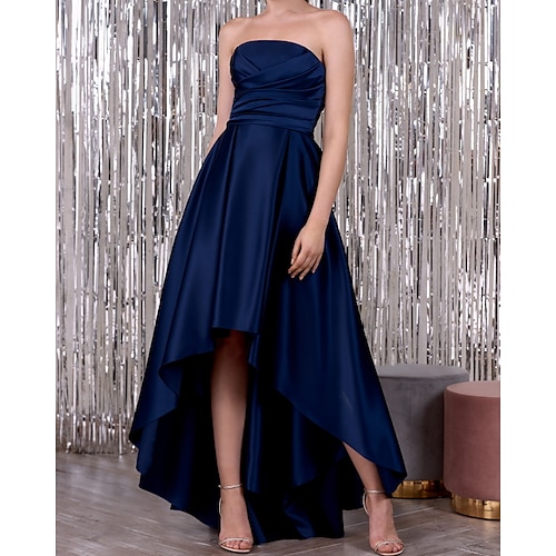 

A-Line Minimalist Elegant Wedding Guest Formal Evening Dress Strapless Sleeveless Asymmetrical Satin with Ruched 2022