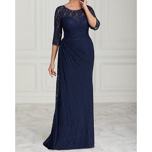 

Sheath / Column Mother of the Bride Dress Elegant Jewel Neck Sweep / Brush Train Lace Half Sleeve with Lace 2022